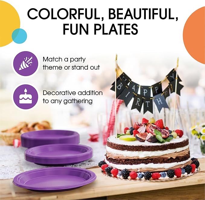 Exquisite Party Solids Purple Plastic Plates For Party Supplies 7" Purple Disposable Plates Heavy Duty 50 Pcs Plastic Dinnerware Sets Heavy Duty 350 GSM Disposable Dinnerware Set
