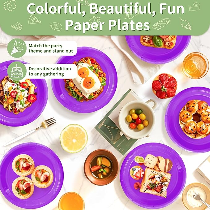 50 Pcs Purple Paper Plates, 9 Inch Disposable Dessert Plates for Valentines,Tea Party, Baby Shower, Birthday, Wedding, Graduation, Picnic, BBQ, Party