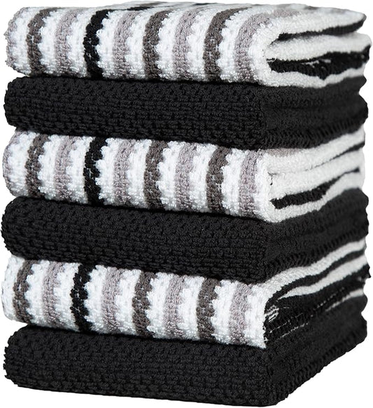 Premium Kitchen Towels (16”x 26”, 6 Pack) | Large Cotton Kitchen Hand Towels | Popcorn Striped Design | Dish Towels | 430 GSM Highly Absorbent Tea Towels Set with Hanging Loop | Black