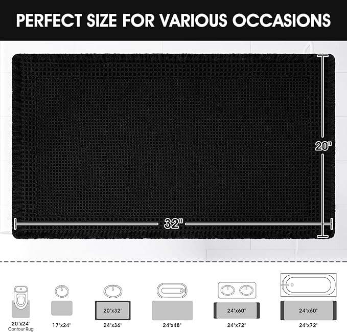 Upgraded Waffle Bath Mat, 32"x20" Black-Bordered, Super Absorbent Non-Slip Quick Dry Bathroom Rugs with Tassels, Machine Washable Ultra Soft Boho Bath Rugs for Floor, Toilet Mats Boho Farmhouse Decor