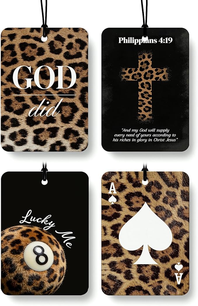 Christian Leopard Print Orange Citrus Car Air Freshener 4pcs, Trendy Cheetah Cross Lucky 8 Ball Ace Card Religious Hanging Scents Car Accessories Interior Mirror Decor for Women Girls