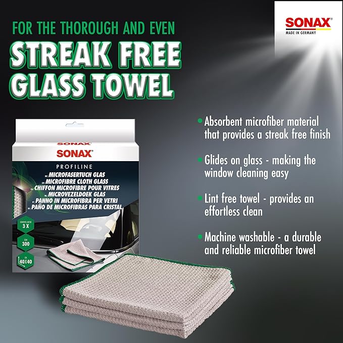 SONAX Glass Cleaning Microfiber Cloths | Lint-Free Waffle Weave Towels for Streak-Free Glass & Mirrors | Ultra-Absorbent, Non-Shedding, High Clarity Finish | 3-Pack | 451541 | 16" x 16"