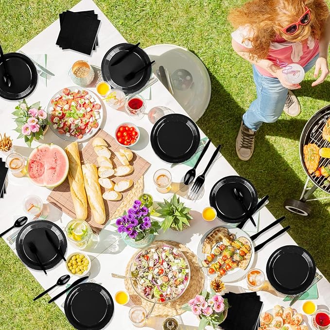 228PCS Black Party Supplies Set Include Paper Plates Cups Black Napkins Plastic Spoons Forks Knives for 30 Guests Disposable Party Dinnerware for Birthday Wedding Family Picnic