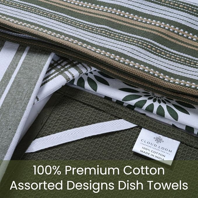 Assorted Kitchen Towels Large 16x26 inch 100% Cotton Set of 5 - Soft Absorbent Washable Tea Towel for Kitchen - Dish Cloths Towel with Hanging Loop - Quick Drying Dish Towels Green