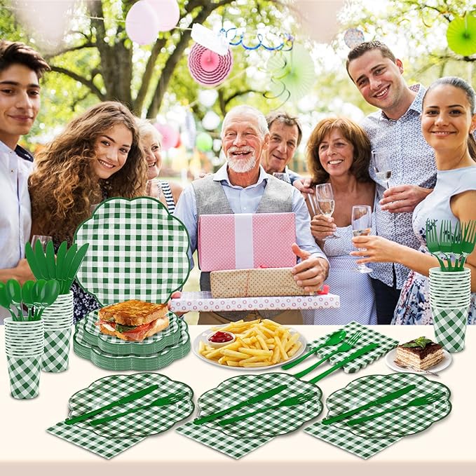 350 Pcs Green Gingham Plates and Napkins Party Supplies - Green and White Checkered Plates Sets Serve 50 Guests - Scalloped Gingham Paper Plate for Picnic BBQ Golf Party Decorations