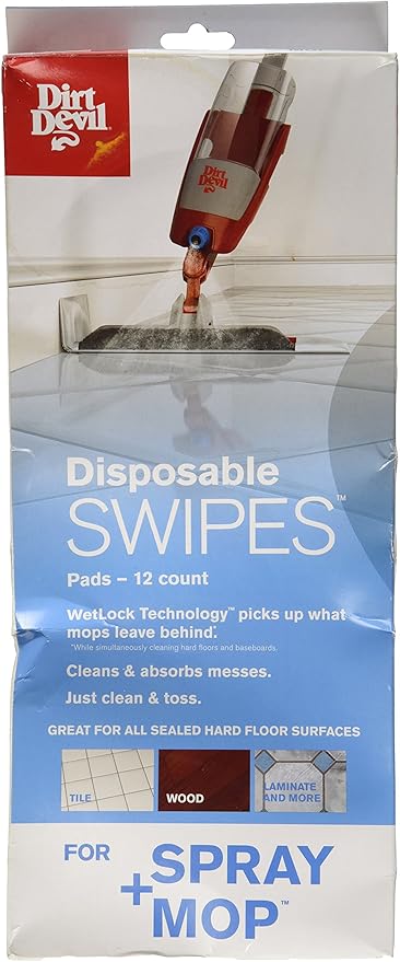 Dirt Devil Spray Mop Disposable Swipe Pads, Pack of 12, White, For Sealed Hard Floors like Laminate, Tile, Hardwoods and More, Mopping Pad Replacement for Use with Dirt Devil Spray Mop