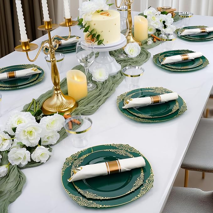 Realluck 350 PCS Green and Gold Plastic Plates, Plastic Dinnerware Set for 50 Guests, 100 Disposable Plates, 150 Silverwares, 50 Cups, 50 Napkins for Party, Wedding, Graduation