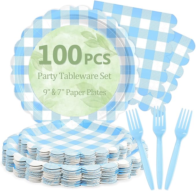 Mulbozy 100 Light Blue Gingham Plates and Napkins Disposable Set Includes 25-9" & 25-7" Dessert Cake Scalloped Plates, Cocktail Napkins, Forks for for Holiday Party Supplies