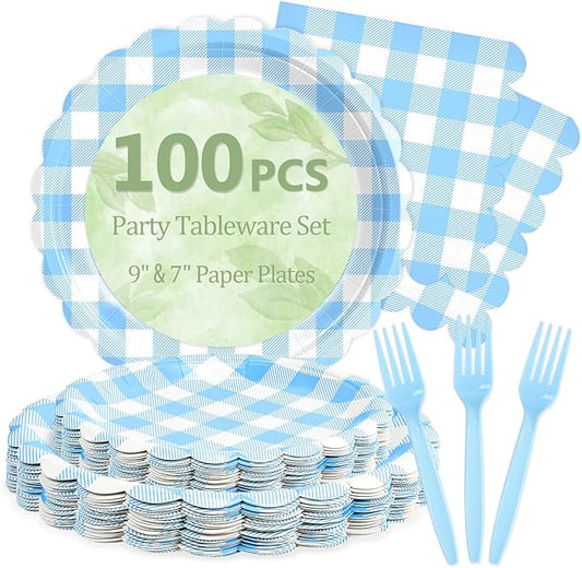 Mulbozy 100 Light Blue Gingham Plates and Napkins Disposable Set Includes 25-9" & 25-7" Dessert Cake Scalloped Plates, Cocktail Napkins, Forks for for Holiday Party Supplies