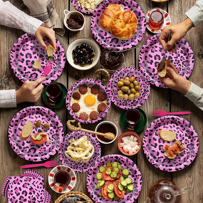 100 Pieces Pink Leopard Print Party Tableware Set – Hot Pink Cheetah Plates, Napkins and Forks, Disposable Dinnerware for Girls Birthday, Baby Shower and Safari Party Supplies