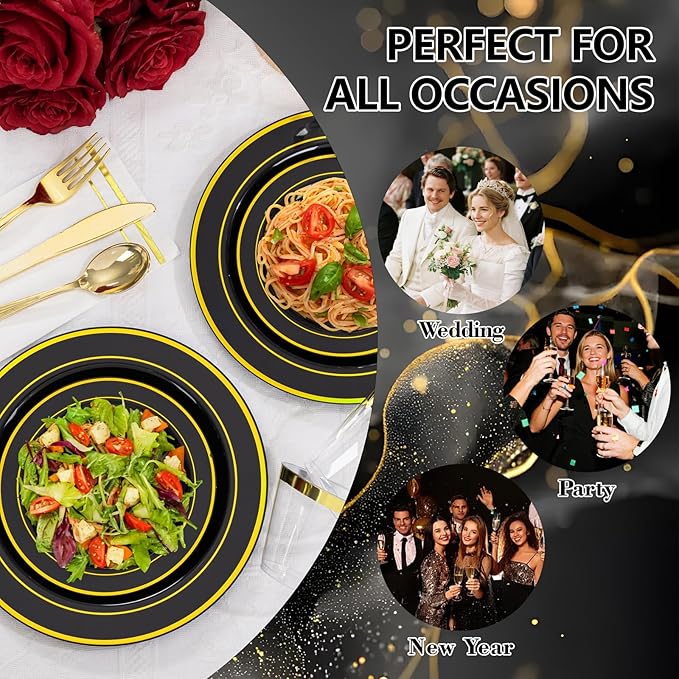 GATHER 350PCS Black Plastic Plates - Black and Gold Disposable Dinnerware Set Include 100 Plates, 150 Gold Silverware, 50 Napkins, 50 Cups for Party & Wedding & Birthday & Graduation