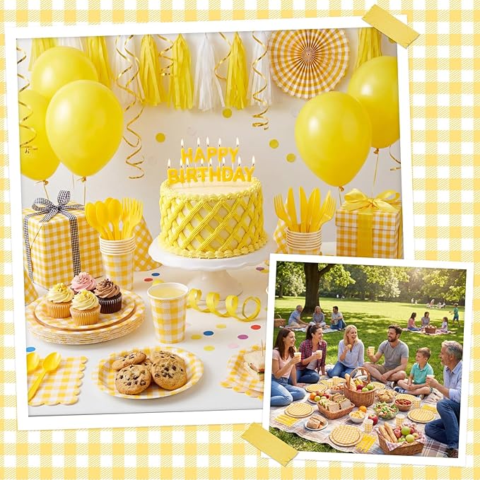 NatNarr 175 Pcs Gingham Party Supplies Include Yellow Gingham Plates and Napkins Cups Plastic Cutlery Disposable Yellow Checkered Plates Set for Golf Master Party, Picnic, Baby Shower