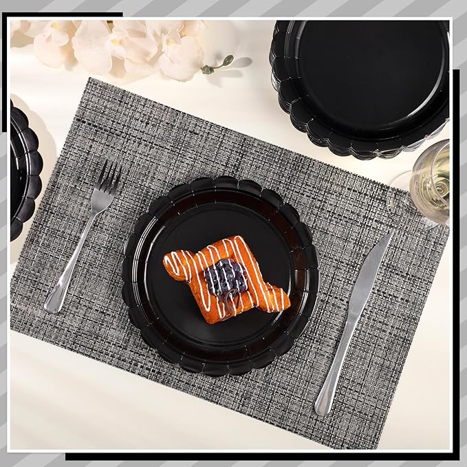 NatNarr 30 Pcs Black Paper Plates, 9 Inch Scalloped Disposable Black Graduation Plates Cute Dessert Dinner Plate for 2026 Grad Party, Wedding, Birthday, Picnic