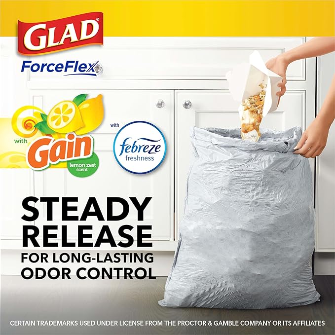 Glad Trash Bags, 13 Gallon, 40 Ct, Pack of 2 | ForceFlex | Tall Kitchen | Drawstring | Gain Lemon Zest