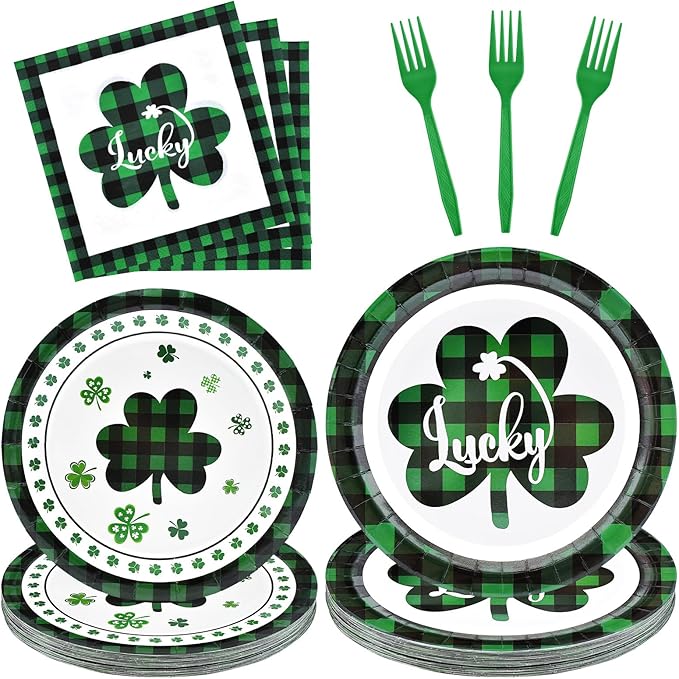 96 Pieces St. Patrick’s Day Tableware Set – Green and Black Plaid Shamrock Disposable Plates, Napkins, and Forks for Irish Party, Lucky Clover Celebration St. Paddy’s Day Dinner – Serves 24 Guests