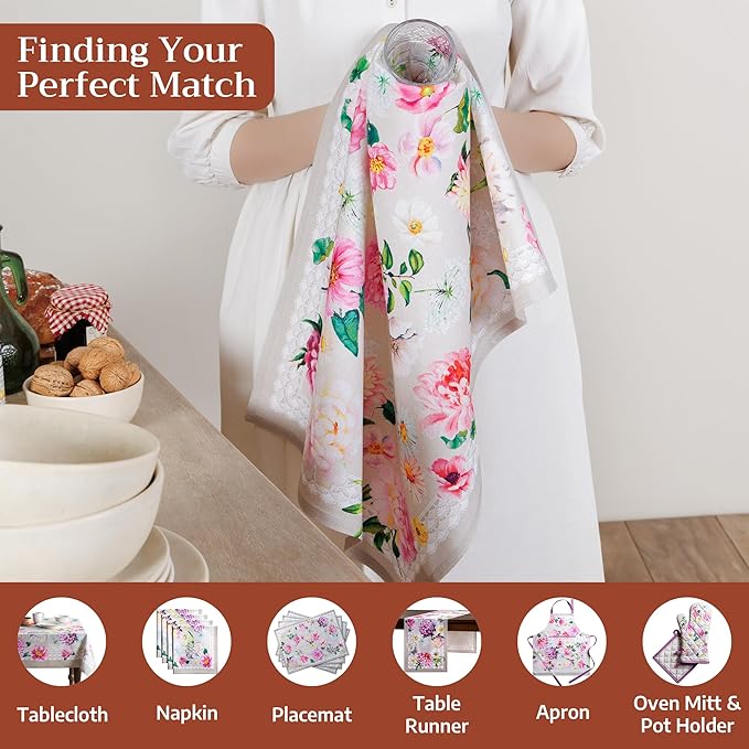 Maison d' Hermine Kitchen Towels Set of 3 100% Cotton 27.50" x 20" Reusable Cloth Tea Dish Towels Absorbent with Hanging Loop for Kitchen Farmhouse Hotel Spring Summer - Pivoine