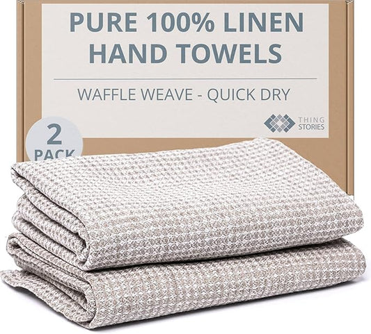 European Flax Linen Kitchen Towels Set of 2 - Handcrafted Stonewashed Waffle Weave Dish Towels, Quick Dry Absorbent Hand Towels for Bathroom & Kitchen