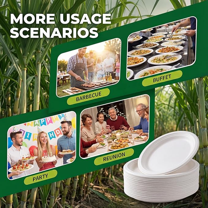 Tinybee 100% Compostable Oval Paper Plates 12 Inch [50-Pack] Heavy Duty Large Paper Plates, Biodegradable Bagasse Platters, Eco-Friendly Dinner Plate for BBQ/Picnic/Party (BPI Certified,Microwaveable)