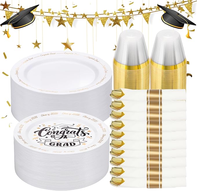 Goodluck 350 Piece Graduation Gold Plastic Dinnerware Set for 50 Guests, Congrats Grad Disposable Plates Include: 50 Dinner Plates, 50 Dessert Plates, 50 Cups, 50 Pre Rolled Napkins with Silverware