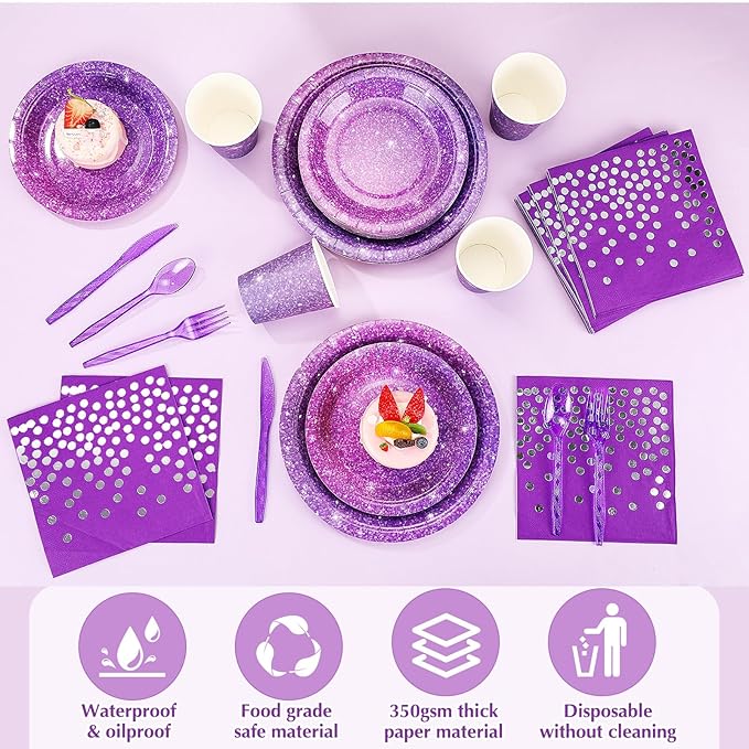 Hushee 350 Pcs Purple Holographic Print Party Supplies Guests Disposable Dinnerware Set Include Paper Plates, Napkins, Cups, Plastic Cutlery for Wedding Birthday Disco Bachelorette