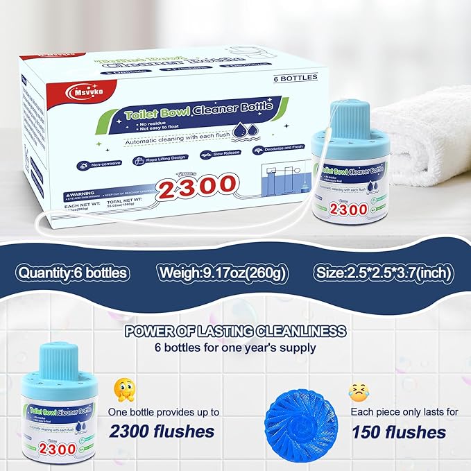 Msvvko Toilet Bowl Cleaner, Automatic Long-Lasting Blue Toilet Cleaner Bottle, Septic Safe Toilet Bowl Tablets in Bottles, Fresh Bathroom & Deodorize, 6 Pack, 2300 Flushes Each