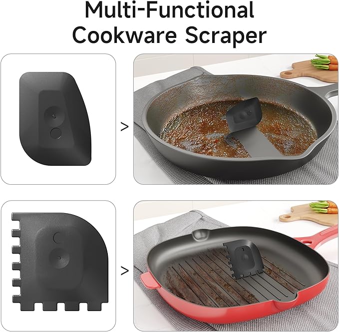 SUBEKYU Cast Iron Scrubber with Silicone Handle, Stainless Steel Skillet Cleaner for Cast Iron Pans (Red Scrubber + Scraper)