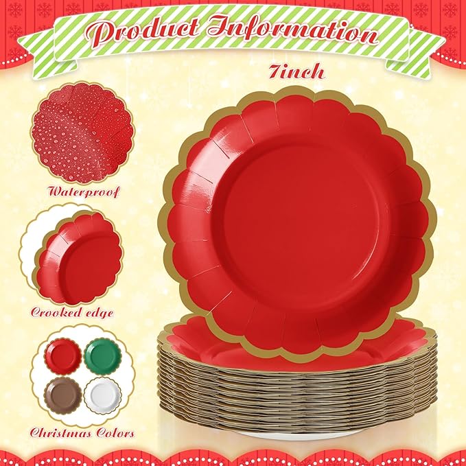 48 Pcs Christmas Paper Plates 7 Inch Red Green White Dessert Scalloped Edge Disposable Dinner Plates for Fall Halloween Wedding Birthday Baby Shower Party Supply