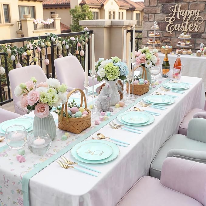 KIRE 60 Pieces Easter plates with Gold Bunny-Mint Green Plastic Plates include 30Pieces 10.25inch Dinner Bunny and 30Pieces 7.5inch Green Dessert/Salad Plates for Easter Day