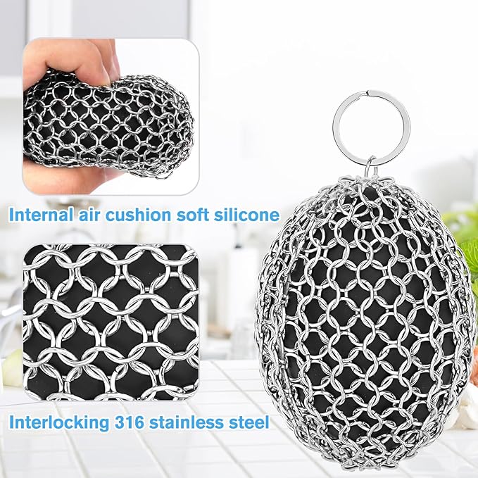 Cast Iron Scrubber Chainmail Set – 316 Stainless Steel Dish Scrub Brush for Cast Iron Skillet Pan Cleaner, Dutch Oven, Wok & Non-Stick Cookware | Dishwasher Safe – 2Pack