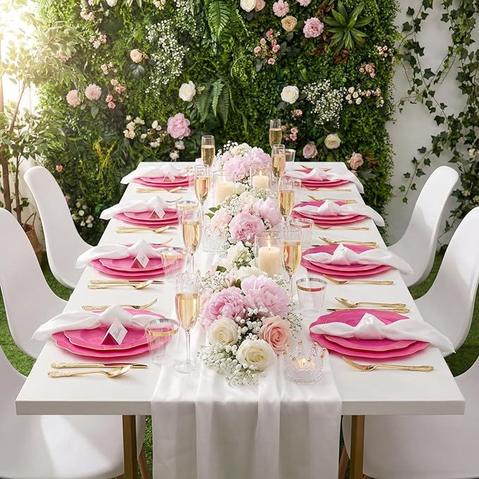 NOCCUR 175PCS Hot Pink Plastic Plates with Gold Disposable Silverware - Include 50 Hot Pink Plates,25 Knives,25 Forks,25 Spoons,25 Cups and 25 Napkins - Ideal for Party/Wedding/Banquet
