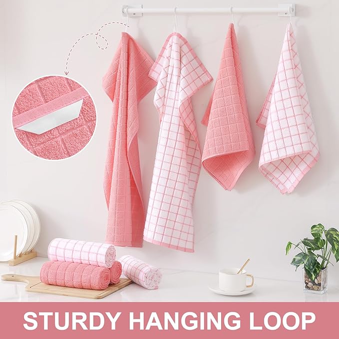 Homaxy Premium Cotton Kitchen Towels 16"x 28", Large Natural Ring Spun 390 GSM Dish Towels, Super Absorbent Terry Kitchen Hand Towels, Soft Tea Towels with Hanging Loop, Pink Check Design, 12 Pack