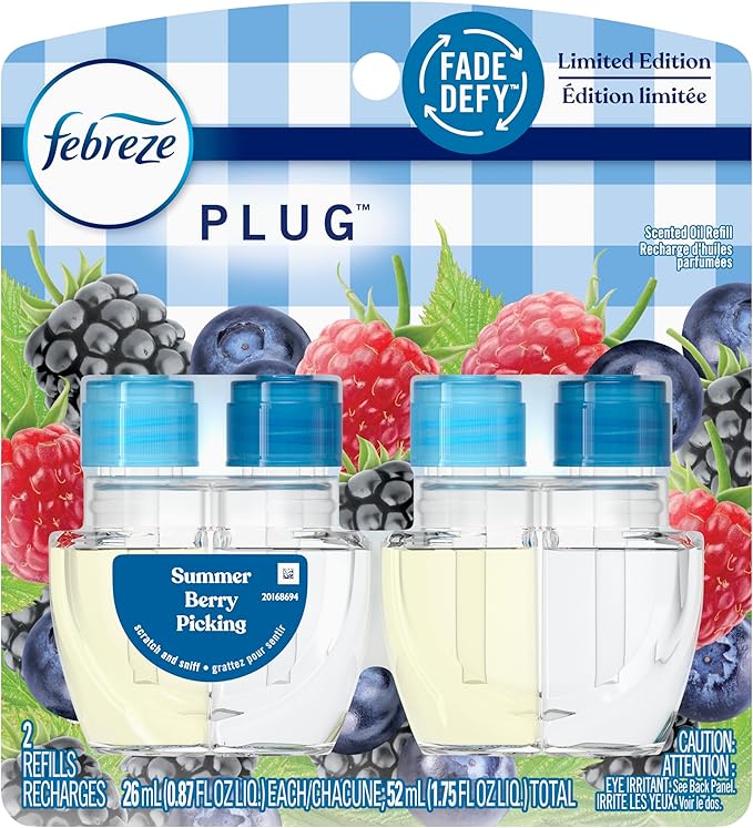 Febreze Plug In Air Freshener, Odor-Fighting Scented Oil Refill, Summer Berry Picking, 2 Refill