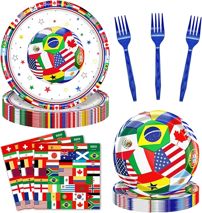 96 Pieces International World Flags Plates and Napkins Tableware Set, Soccer World Flags Disposable Paper Plates Napkins Forks for Soccer Party Supplies Sports Theme Events Birthday Decor - Serves 24