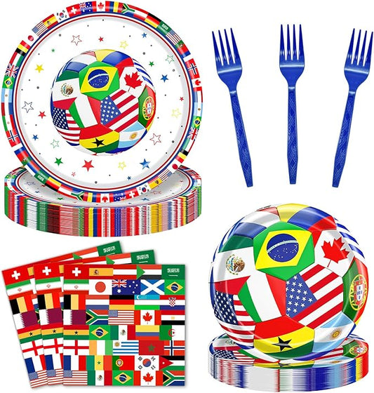 96 Pieces International World Flags Plates and Napkins Tableware Set, Soccer World Flags Disposable Paper Plates Napkins Forks for Soccer Party Supplies Sports Theme Events Birthday Decor - Serves 24