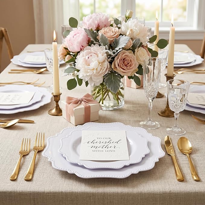 COLOSUS 60PCS White Plastic Plates-Fancy Plastic Beaded Plates,Plastic Premium Hard Plastic Plates for Party, Elegant White plates,Include10.5 Dinner plates & 8.25" Dessert plates for Mother's Day