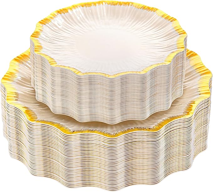 DaYammi 60Pcs Ivory Plastic Plates with Gold rim,Ivory Gold Disposable Plates - Heavy duty Plastic Plates Include 30 Dessert Plate,30 Dinner Plate,Ivory Scalloped gold plates for Party Wedding