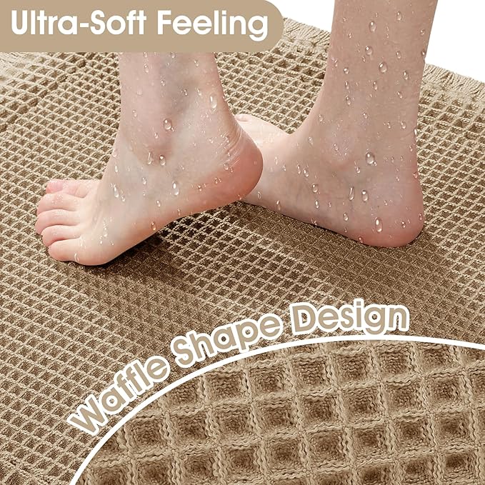 Upgraded Waffle Bath Mat Set 2 Piece Beige-Bordered, Super Absorbent Non-Slip Quick Dry Bathroom Rugs with Tassels, Machine Washable Ultra Soft Boho Bath Rugs for Floor, Bath Mats Boho Farmhouse Decor