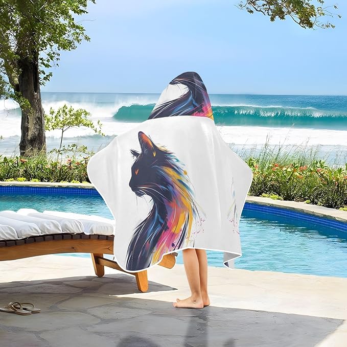 Hooded Towel for Kids Watercolor Colored Cat Beach Wrap Bath Towels 50x23.5in