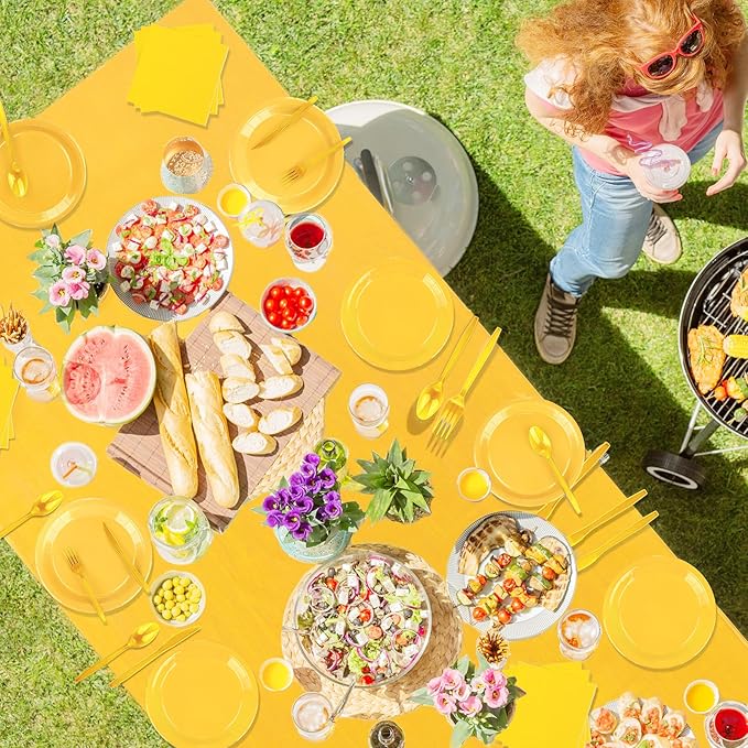 229PCS Yellow Party Supplies Set Paper Disposable Plates Cups Plastic Spoons Forks Knives Yellow Napkins for 30 Guests Disposable Party Dinnerware Sets for Wedding Birthday Parties