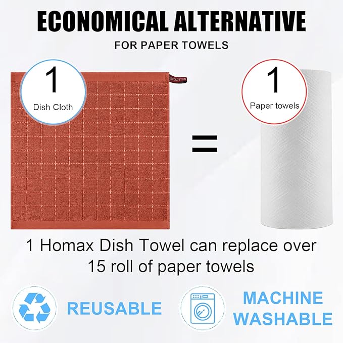 Homaxy 100% Cotton Terry Kitchen Dish Cloths, Ultra Soft and Absorbent Dish Towels for Kitchen, Suitable for Drying and Washing Dishes, 6 Pack, 12 x 12 Inches, Rust