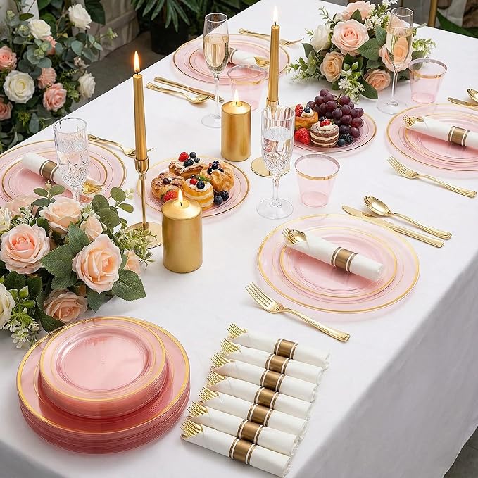 WELLIFE 350Pcs Clear-Pink Plastic Dinnerware- Pink and Gold Plastic Dinnerware include 50 Dinner Plates, 50 Dessert Plates, 150 Gold Silverware, 50 Cups and 50 Napkins Perfect for Parties