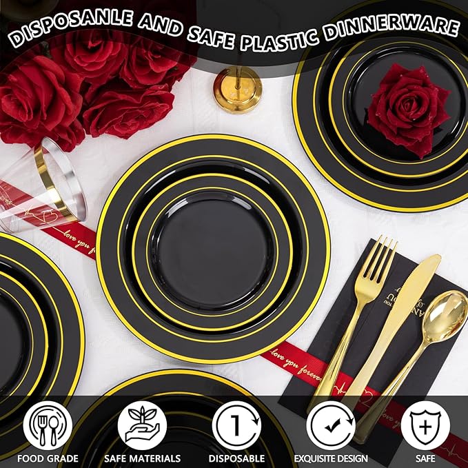 GATHER 350PCS Black Plastic Plates - Black and Gold Disposable Dinnerware Set Include 100 Plates, 150 Gold Silverware, 50 Napkins, 50 Cups for Party & Wedding & Birthday & Graduation