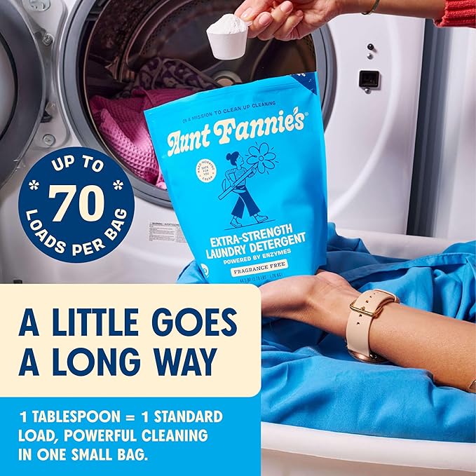 Aunt Fannie's Extra Strength Powder Laundry Detergent, Stain Fighting, Plant Based, Natural Ingredients, 70 Loads Per Bag, Fragrance Free, 44 Oz