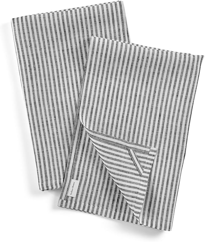 Solino Home Black and White Linen Kitchen Towels Set of 2-100% Pure Linen 17 x 26 Inch Narrow Stripe Tea Towels with Hanging Loop - European Flax Kitchen Dish Cloth - Quick Dry & Machine Washable