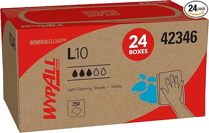 WypAll GeneralClean L10 Cloths Light Cleaning Wipes (42346), Pop-Up Box, Bulk Paper Wipers, White (24 Packs of 250 Sheets, 6,000 Sheet Total)