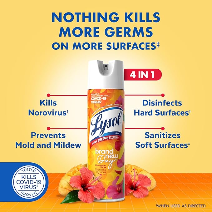 Lysol Disinfectant Spray, Household Cleaning Supplies, Disinfecting Multi-Purpose Room Spray, Antibacterial Sanitizer, Deodorizer, Kills Hantavirus, Mango & Hibiscus, 19 Fl Oz (Pack of 2)