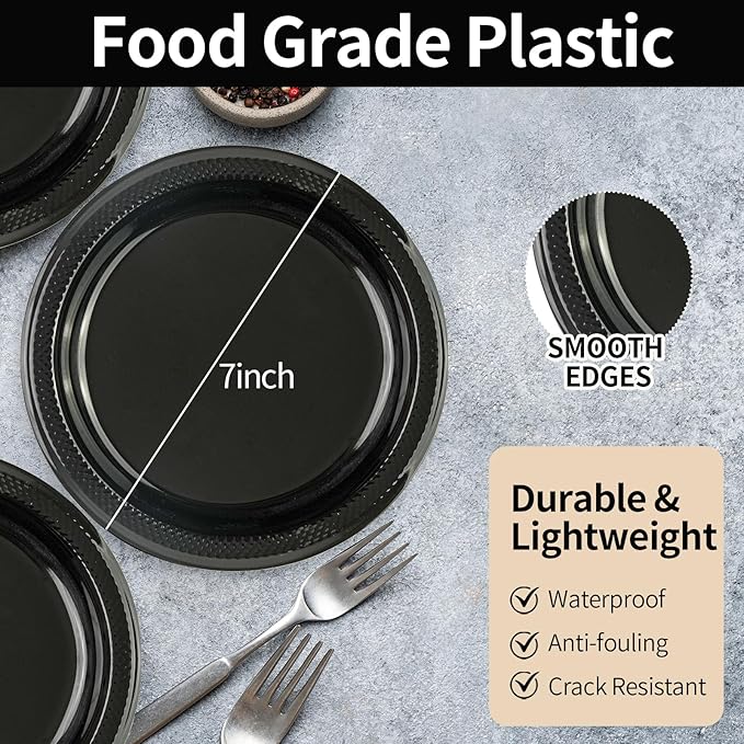 50 PCS Black Plastic Plates, 7 Inch Disposable Party Plates Solid Color Dessert Plates for BBQ Picnic Wedding Birthday Party Supplies (Black, 7 Inch)