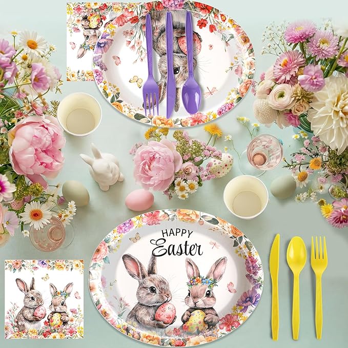 Havawish 350 Pcs Easter Bunny Party Supplies Happy Easter Disposable Tableware Set Flowers Butterflies Rabbit Eggs Oval Paper Plates Cups Napkins Fork Knife Spoon for Spring Party Table Decorations