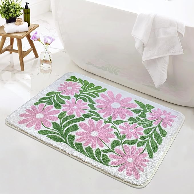 SHIYUE Cute Flower Bath Mat for Bathroom Rugs, Ultra Soft and Fluffy Microfiber Water Absorption Non Slip Mat for Bedroom Kitchen Bathroom Toilet Floors(18"×26" Green Pink)