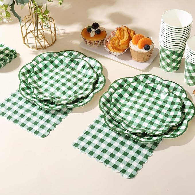 350 Pcs Green Gingham Plates and Napkins Party Supplies - Green and White Checkered Plates Sets Serve 50 Guests - Scalloped Gingham Paper Plate for Picnic BBQ Golf Party Decorations